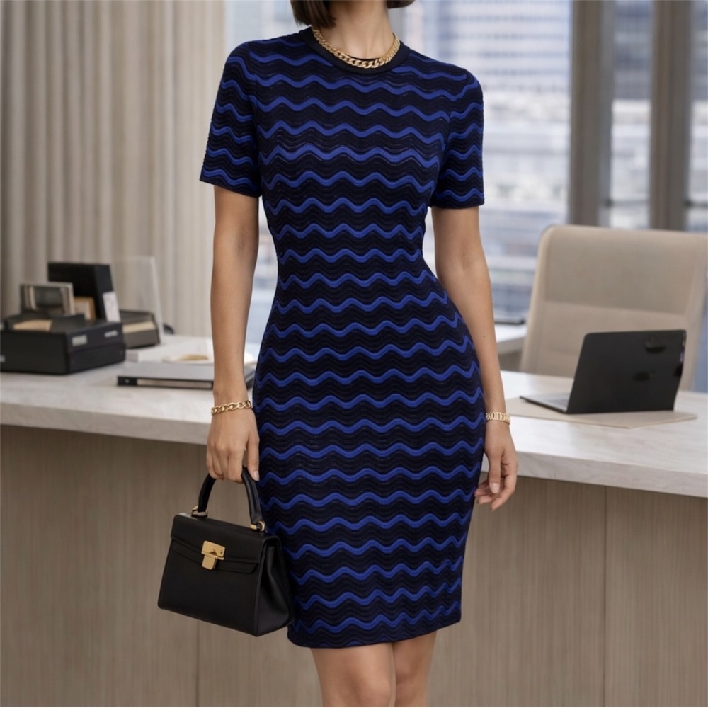 Milly Textured Ripple Knit Bodycon Chic Workwear Dress navy royal blue S/M